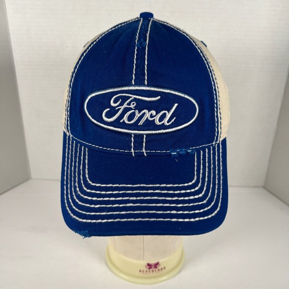Ford Motor Company Blue Tan Distressed Contrast Stitch Snapback Hat 3627